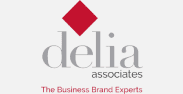 Delia Associates logo and illustration with white and red color