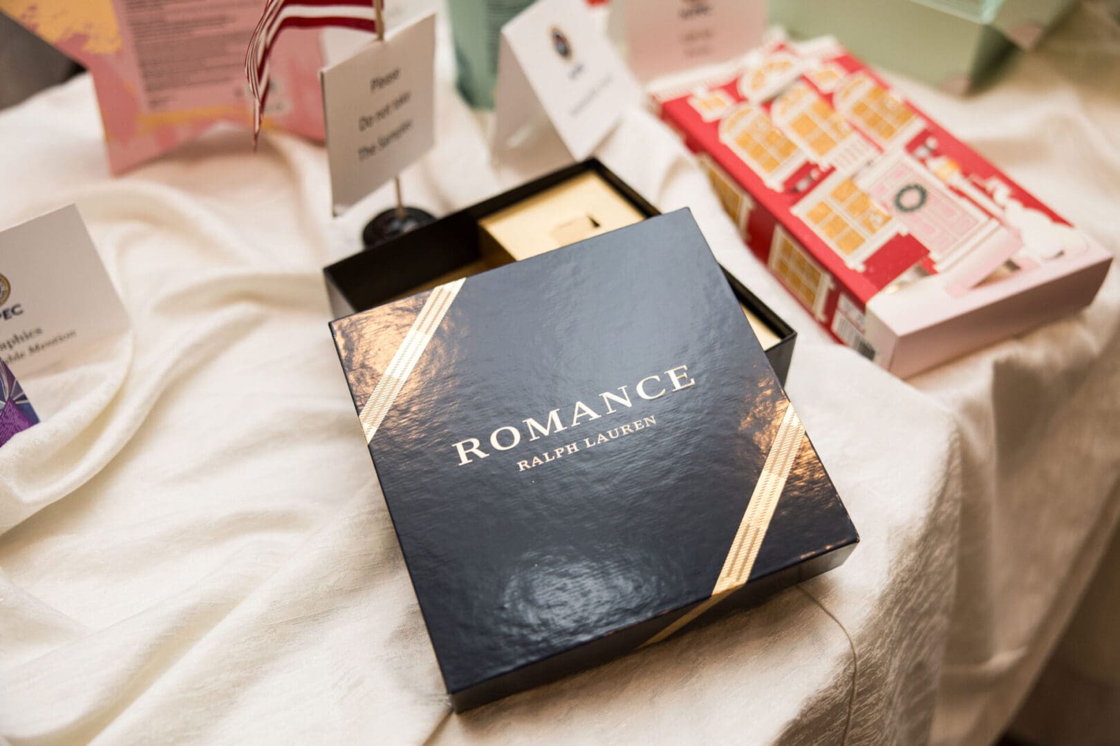 A box of romance products on a table.