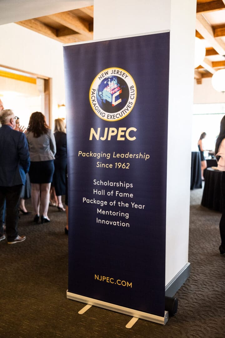 Blue and gold banner with the NJ Packaging Executives Club logo.