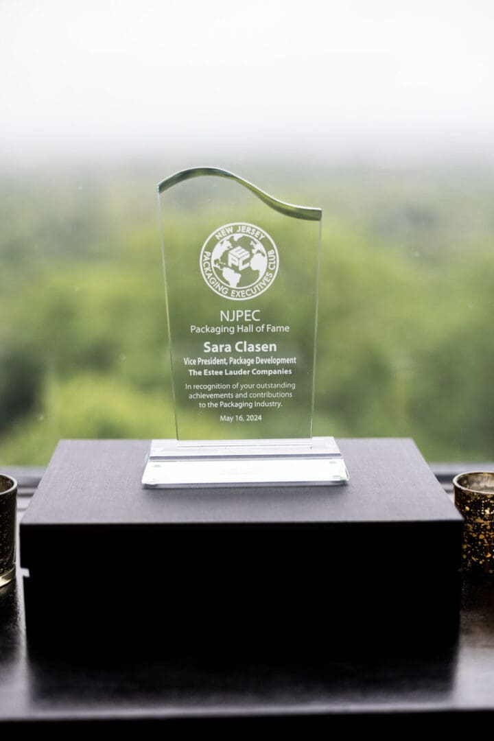An award NJ Packaging Executives Club gave to Sara Clasen.